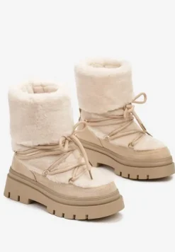 Beżowe Futerkowe Śniegowce Sznurowane z Wywiniętą Cholewką i Tłoczoną Podeszwą Sagizelle