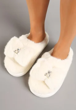 Beżowe Futrzane Kapcie Ozdobione Misiem i Kokardą Tinatoria