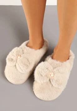 Beżowe Futrzane Kapcie Wsuwane z Grubą Podeszwą i Ozdobną Kokardą Seanessa
