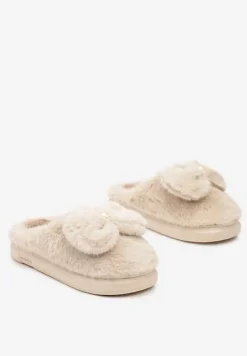 Beżowe Futrzane Kapcie Wsuwane z Grubą Podeszwą i Ozdobną Kokardą Seanessa