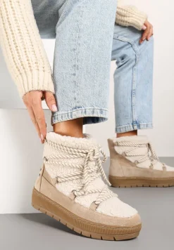 Beżowe Futrzane Śniegowce o Fakturze Typu Baranek z Ozdobnym Sznurowaniem Firedi