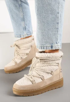 Beżowe Futrzane Śniegowce o Fakturze Typu Baranek z Ozdobnym Sznurowaniem Firedi