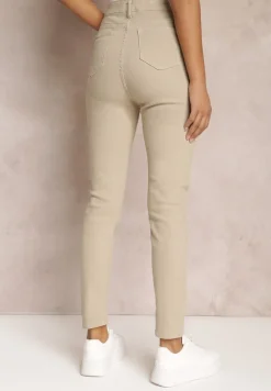 Beżowe Gładkie Spodnie o Kroju Slim Madysen
