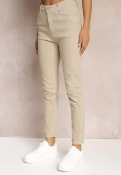 Beżowe Gładkie Spodnie o Kroju Slim Madysen