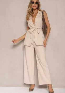 Beżowe Garniturowe Spodnie High Waist z Gumką i Dodatkowym Paskiem w Talii Mattine