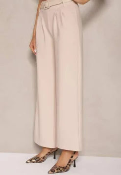 Beżowe Garniturowe Spodnie High Waist z Gumką i Dodatkowym Paskiem w Talii Mattine