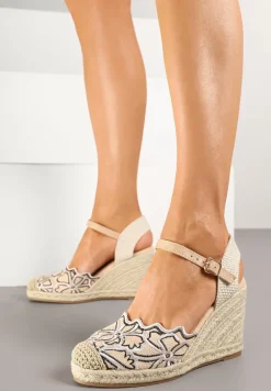 Beżowe Haftowane Sandały Typu Espadryle Vices na Plecionym Koturnie Seselitia
