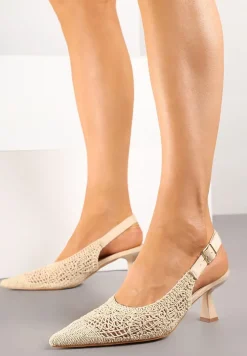 Beżowe Haftowane Sandały Vices na Szpilce Typu Slingback Atesia