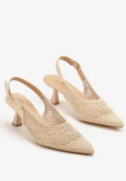 Beżowe Haftowane Sandały Vices na Szpilce Typu Slingback Atesia