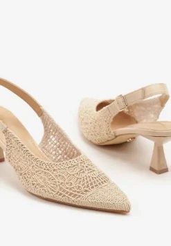 Beżowe Haftowane Sandały Vices na Szpilce Typu Slingback Atesia