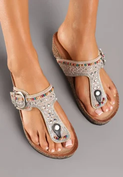 Beżowe Japonki Klapki na Grubej Podeszwie i Koturnie Zdobione Cyrkoniami Tinoraema