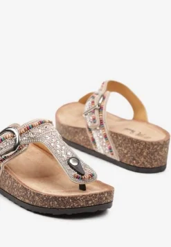 Beżowe Japonki Klapki na Grubej Podeszwie i Koturnie Zdobione Cyrkoniami Tinoraema