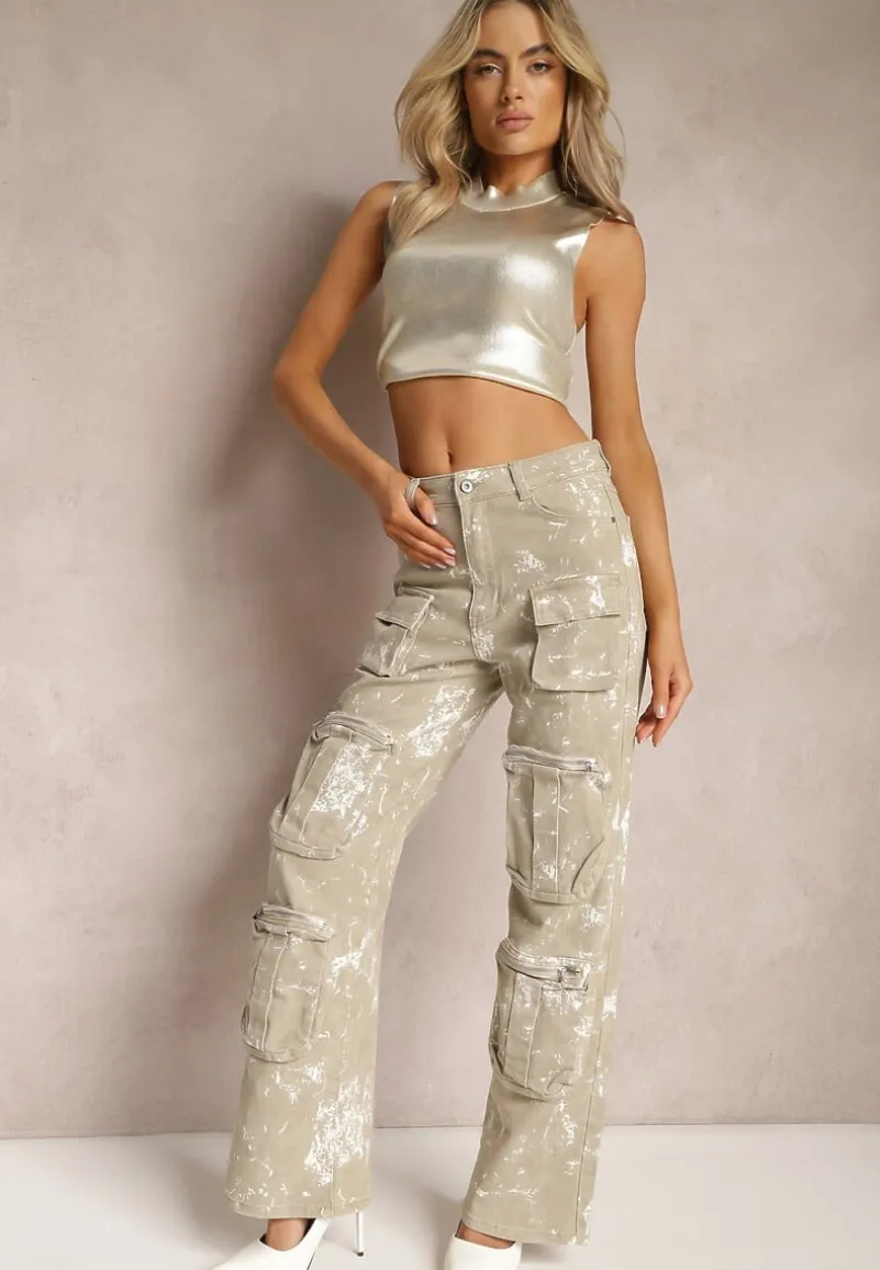 Beżowe Jeansy Cargo z Szerokimi Kieszeniami i Efektem Sprania Xallia