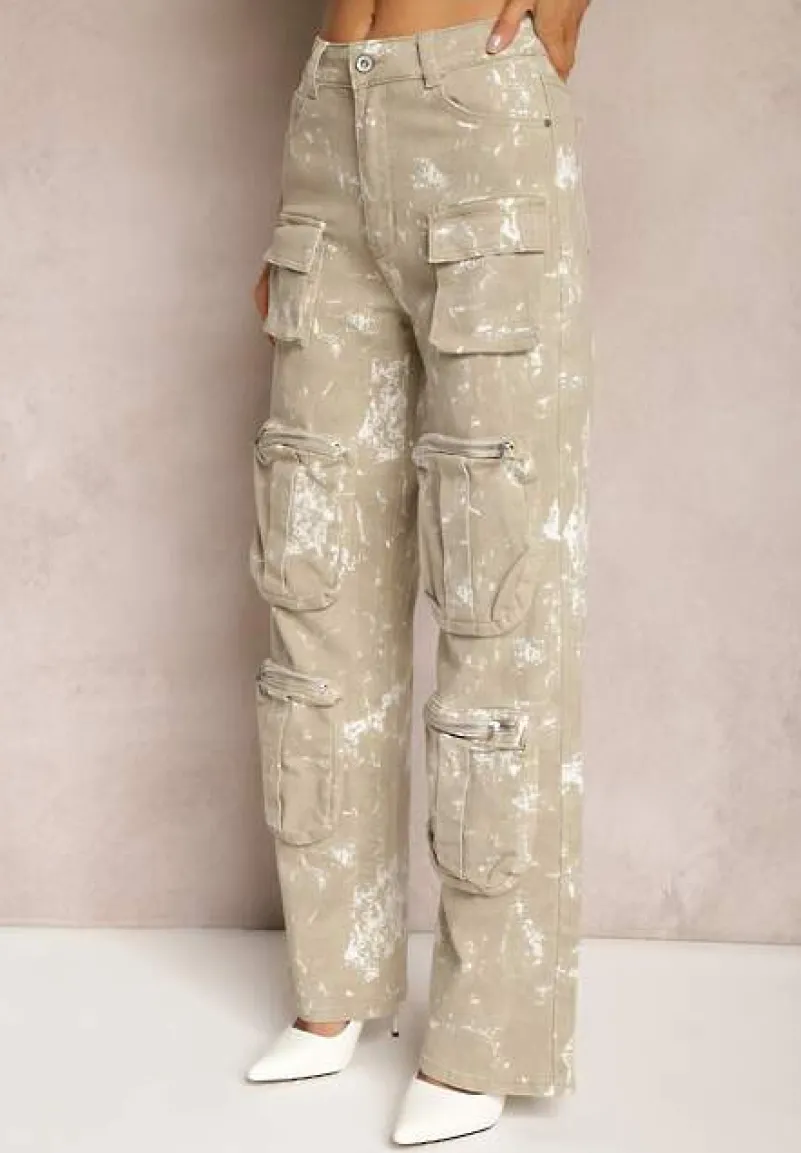 Beżowe Jeansy Cargo z Szerokimi Kieszeniami i Efektem Sprania Xallia