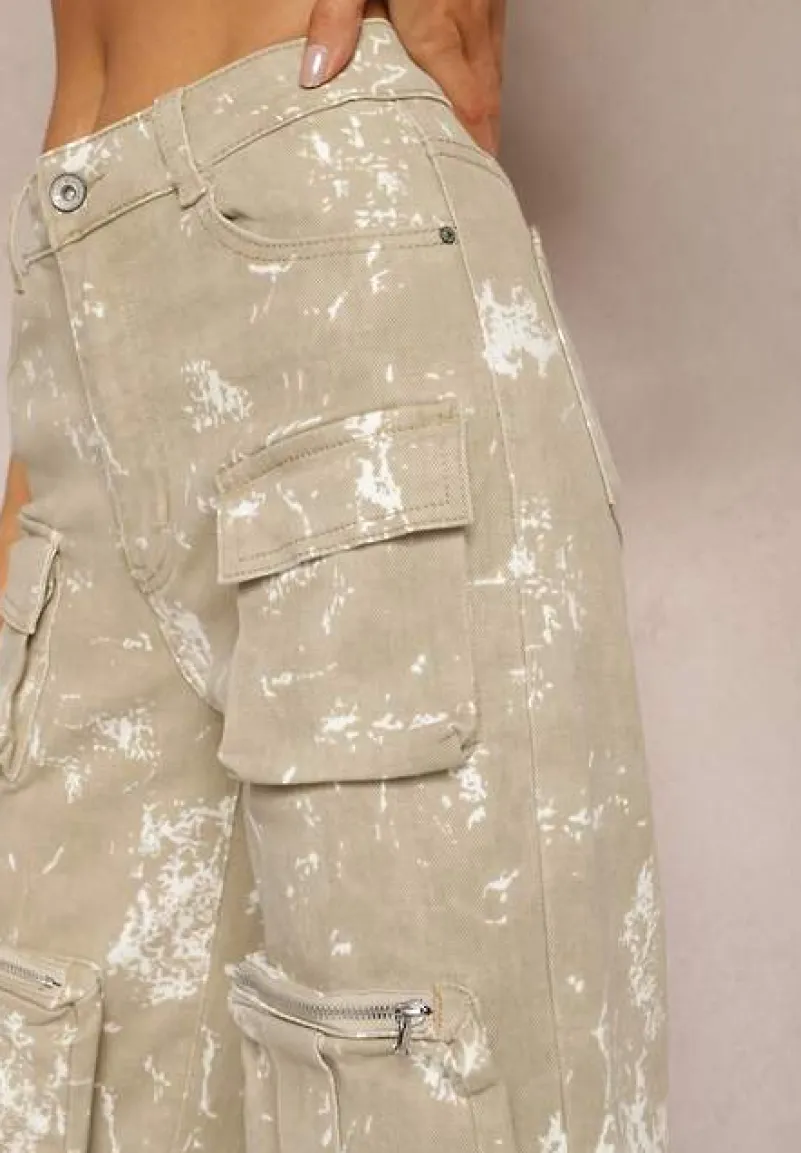 Beżowe Jeansy Cargo z Szerokimi Kieszeniami i Efektem Sprania Xallia