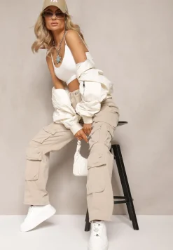 Beżowe Jeansy Cargo z Szerokimi Kieszeniami z Klapami na Nogawkach Nihla