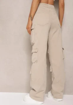 Beżowe Jeansy Cargo z Szerokimi Kieszeniami z Klapami na Nogawkach Nihla
