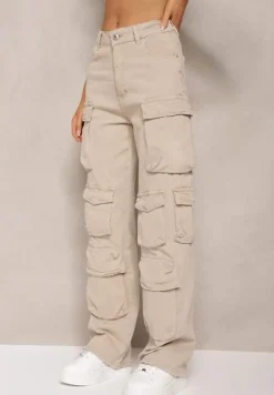 Beżowe Jeansy Cargo z Szerokimi Kieszeniami z Klapami na Nogawkach Nihla