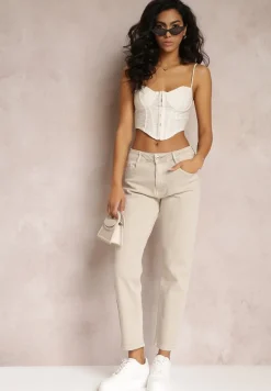 Beżowe Jeansy Mom Fit High Waist Kasena