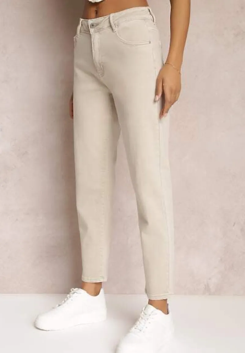 Beżowe Jeansy Mom Fit High Waist Kasena