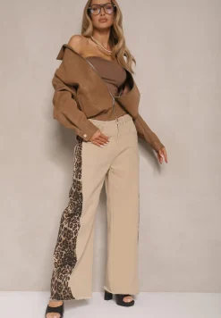 Beżowe Jeansy z Bawełny High Waist ze Wzorem Panterki Velliane