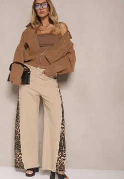 Beżowe Jeansy z Bawełny High Waist ze Wzorem Panterki Velliane
