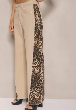Beżowe Jeansy z Bawełny High Waist ze Wzorem Panterki Velliane