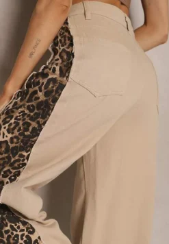 Beżowe Jeansy z Bawełny High Waist ze Wzorem Panterki Velliane
