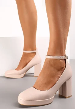 Beżowe Jenolite Czółenka Zapinane wokół Kostki na Sprzączkę z Wysokim Słupkiem Rayisa