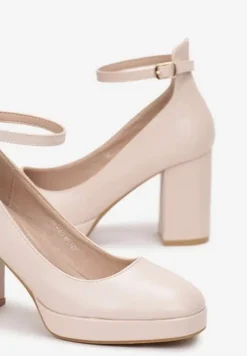 Beżowe Jenolite Czółenka Zapinane wokół Kostki na Sprzączkę z Wysokim Słupkiem Rayisa