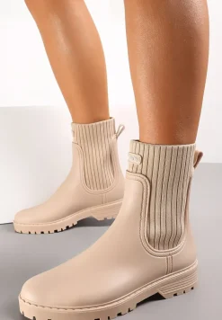 Beżowe Kalosze z Elastyczną Dzianinową Cholewką w Prążki Simola