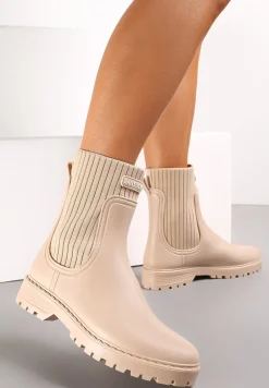 Beżowe Kalosze z Elastyczną Dzianinową Cholewką w Prążki Simola