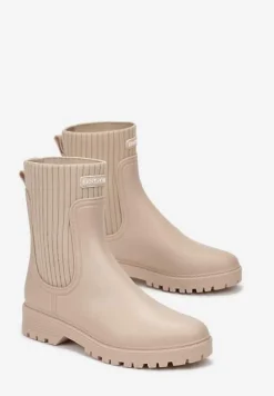 Beżowe Kalosze z Elastyczną Dzianinową Cholewką w Prążki Simola