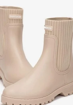 Beżowe Kalosze z Elastyczną Dzianinową Cholewką w Prążki Simola