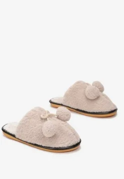 Beżowe Kapcie Futerkowe z Pomponami Denholm