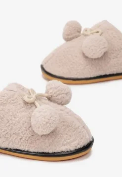 Beżowe Kapcie Futerkowe z Pomponami Denholm
