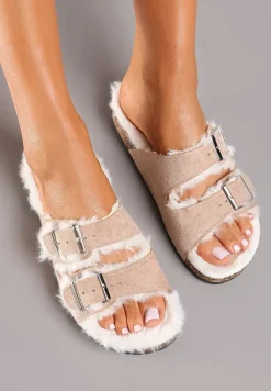 Beżowe Kapcie na Płaskiej Podeszwie z Paskami i Klamrami Cialetta