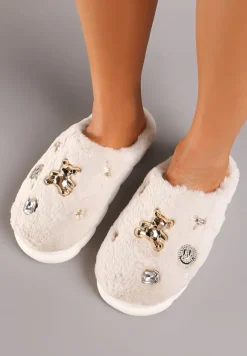Beżowe Kapcie na Płaskiej Podeszwie z Metalicznymi Aplikacjami i Futerkiem Nirissa
