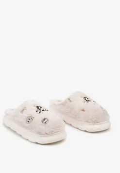 Beżowe Kapcie na Płaskiej Podeszwie z Metalicznymi Aplikacjami i Futerkiem Nirissa