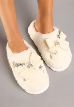 Beżowe Kapcie na Płaskiej Podeszwie z Futerkiem Kokardą i Cyrkoniami Mianoria