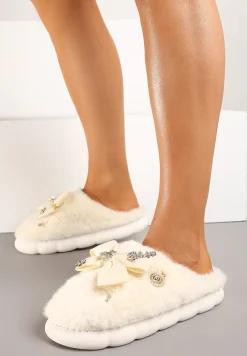 Beżowe Kapcie na Płaskiej Podeszwie z Futerkiem Kokardą i Cyrkoniami Mianoria