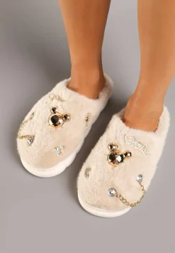 Beżowe Kapcie na Płaskiej Podeszwie z Futerkiem Ozdobione Łańcuszkiem i Cyrkoniami Reanivia