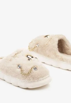 Beżowe Kapcie na Płaskiej Podeszwie z Futerkiem Ozdobione Łańcuszkiem i Cyrkoniami Reanivia