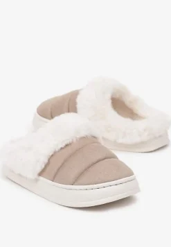 Beżowe Kapcie na Płaskiej Podeszwie z Futerkiem i Pikowaną Cholewką Lilaine