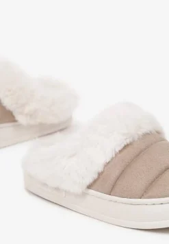 Beżowe Kapcie na Płaskiej Podeszwie z Futerkiem i Pikowaną Cholewką Lilaine