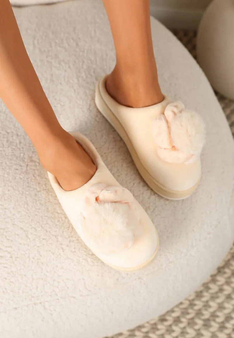 Beżowe Kapcie na Platformie z Pomponem Toro