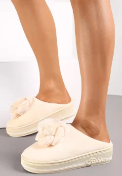 Beżowe Kapcie na Platformie z Pomponem Toro