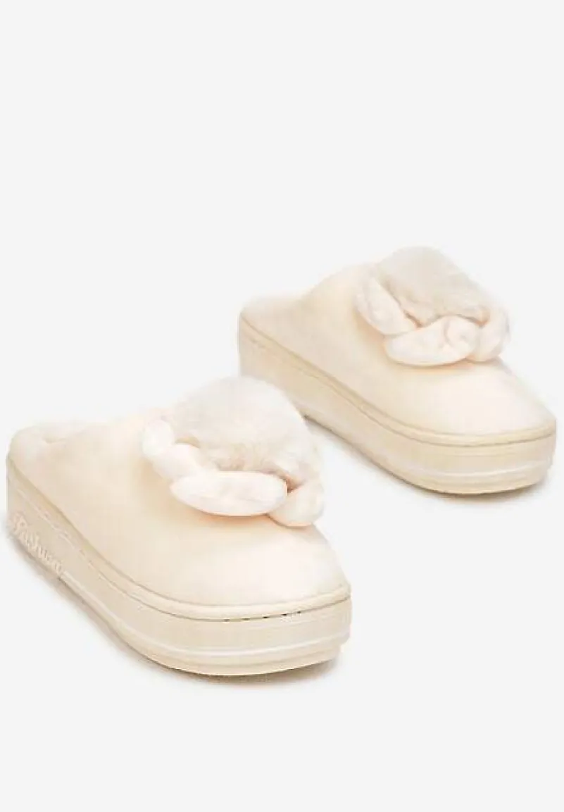 Beżowe Kapcie na Platformie z Pomponem Toro