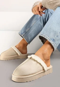 Beżowe Kapcie na Platformie z Haftowaną Cholewką Vertiala