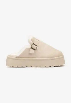 Beżowe Kapcie na Platformie Wykończone Paskiem z Klamrą Nevelora
